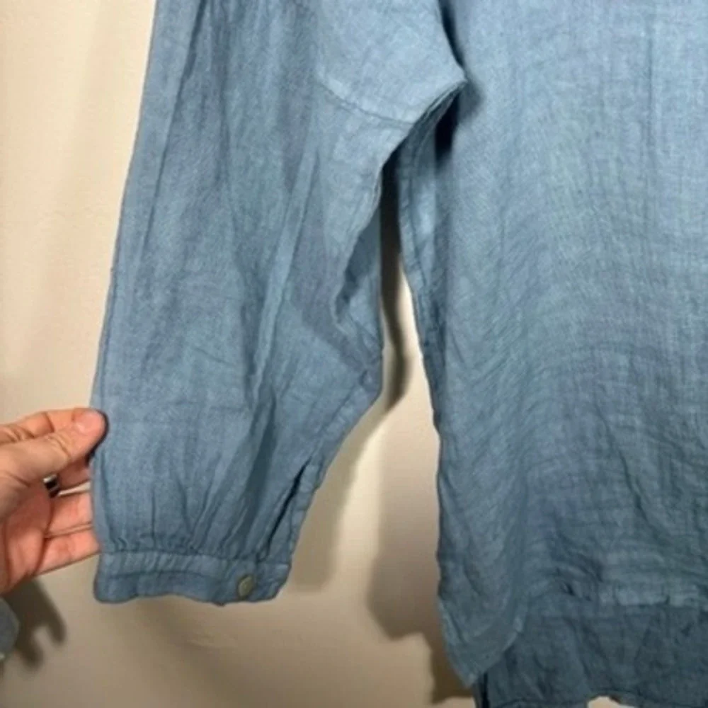 Francesca Bertini Top Women Sz L Sky Blue 100% Linen V-Neck Tunic Blouse Coastal - Picture 3 of 7